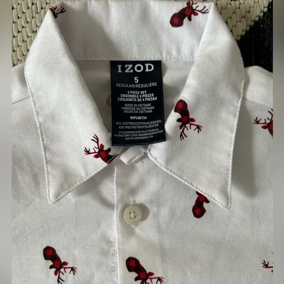 IZOD kids button down Christmas shirt with buffalo plaid reindeer accents - Picture 3 of 4